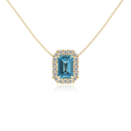 natural swiss blue topaz emerald cut solitaire necklaces in yellow gold 