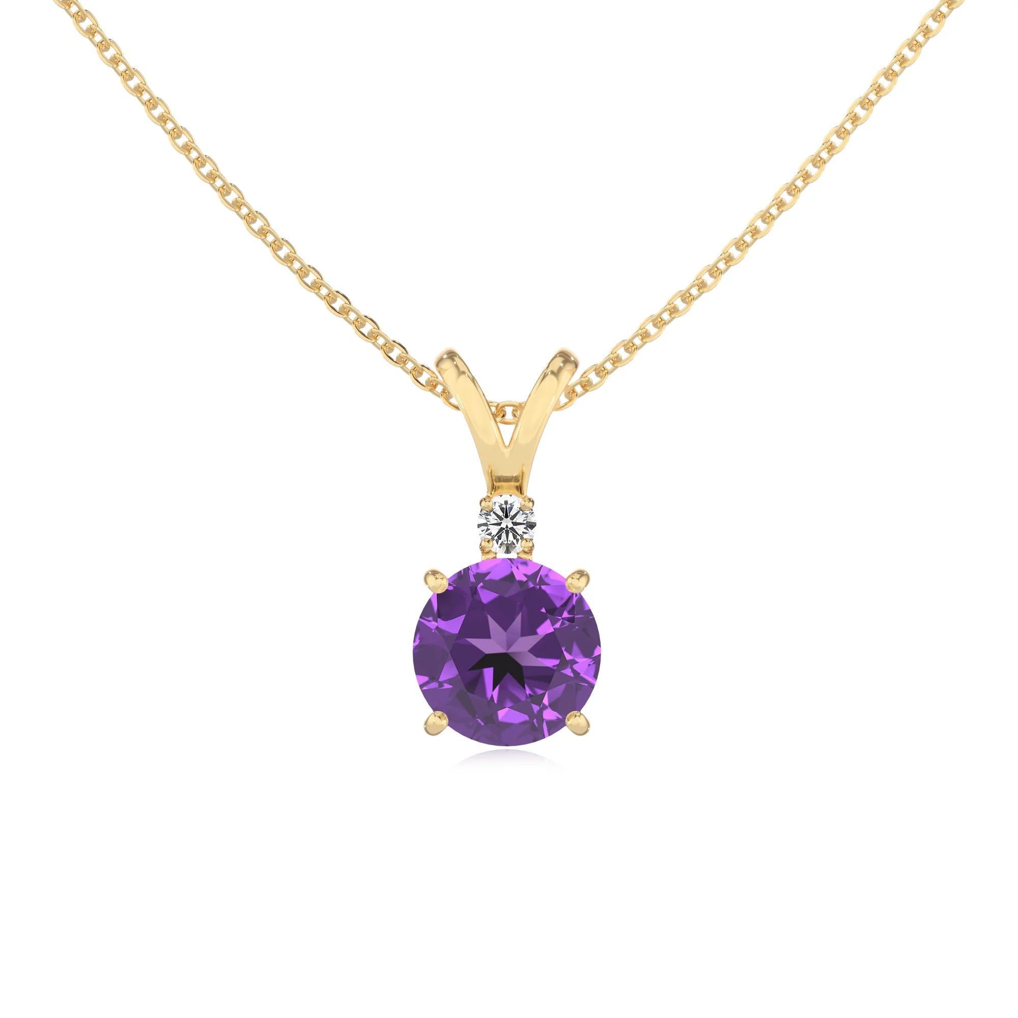 lab grown amethyst round solitaire v-bale necklaces in yellow gold 