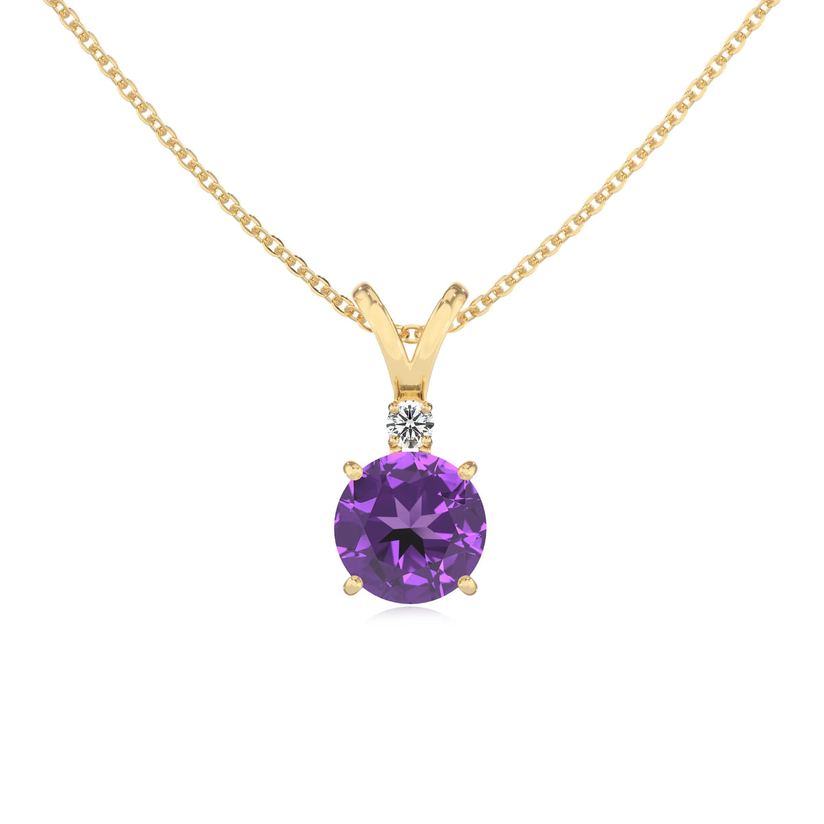 lab grown amethyst round solitaire v-bale necklaces in yellow gold 