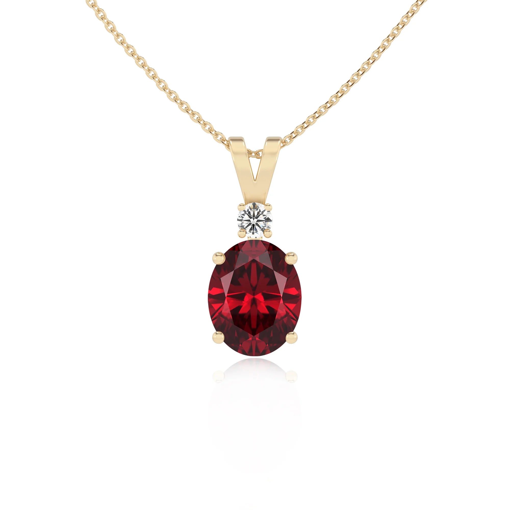 lab grown ruby oval solitaire v-bale necklaces in yellow gold 