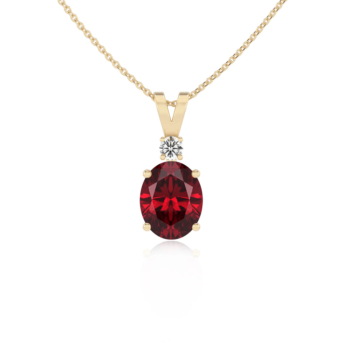 lab grown ruby oval solitaire v-bale necklaces in yellow gold 