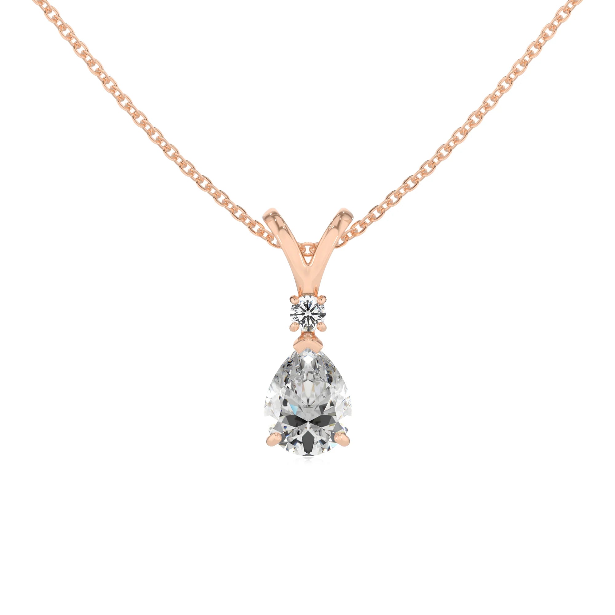 lab grown moissanite pear solitaire v-bale necklaces in rose gold 