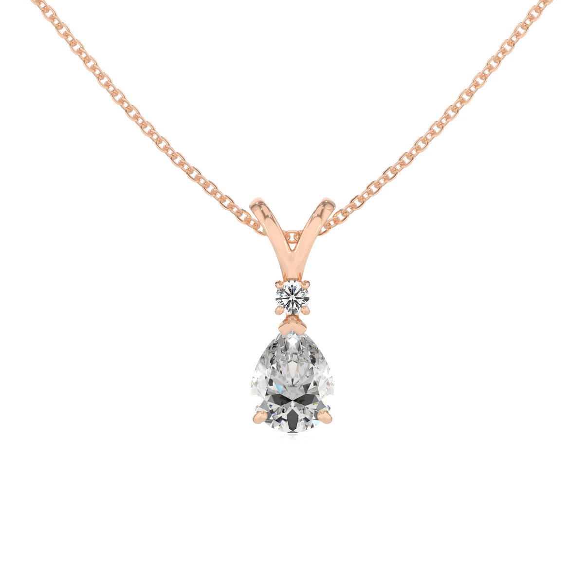 lab grown moissanite pear solitaire v-bale necklaces in rose gold 