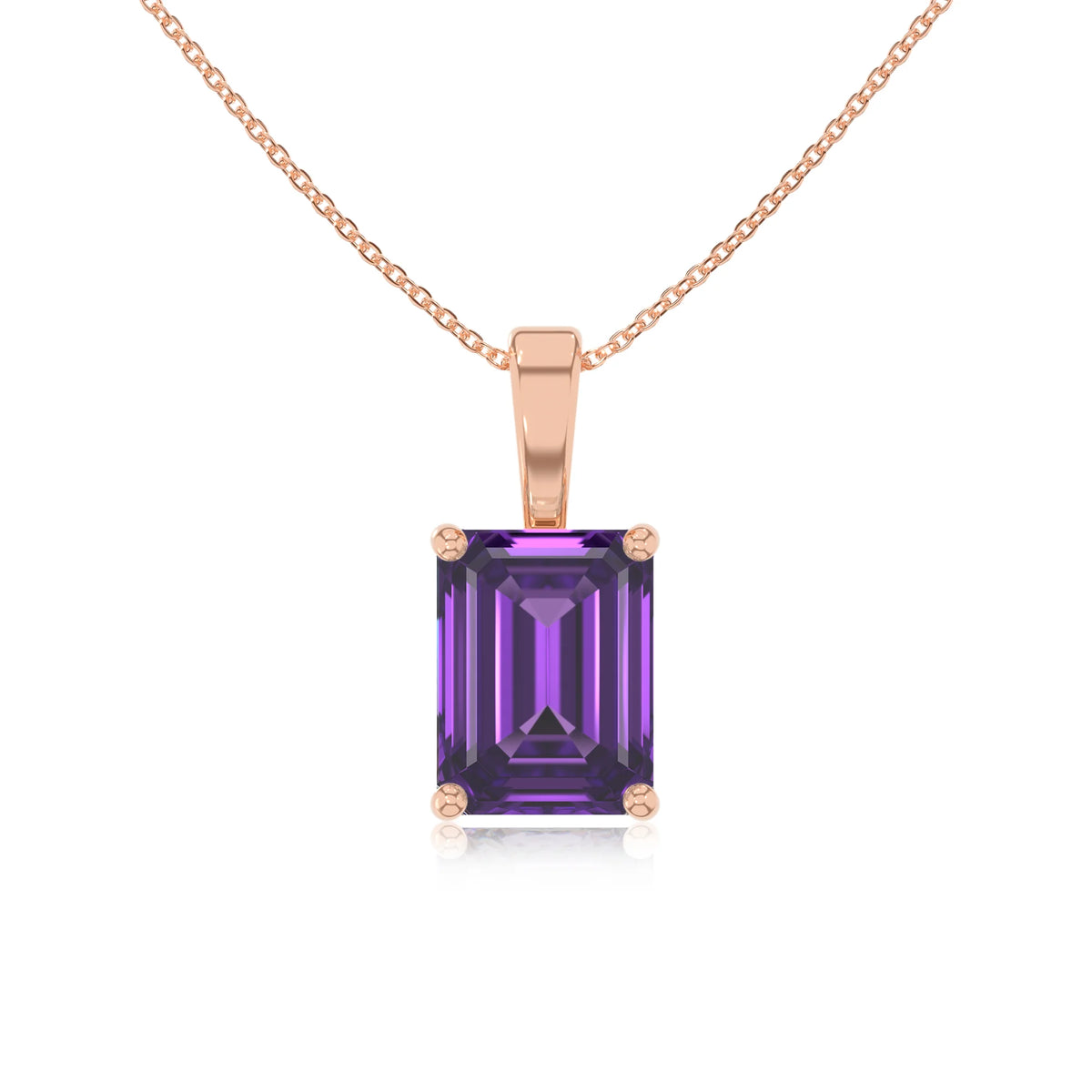 lab grown amethyst emerald cut solitaire necklaces in rose gold 