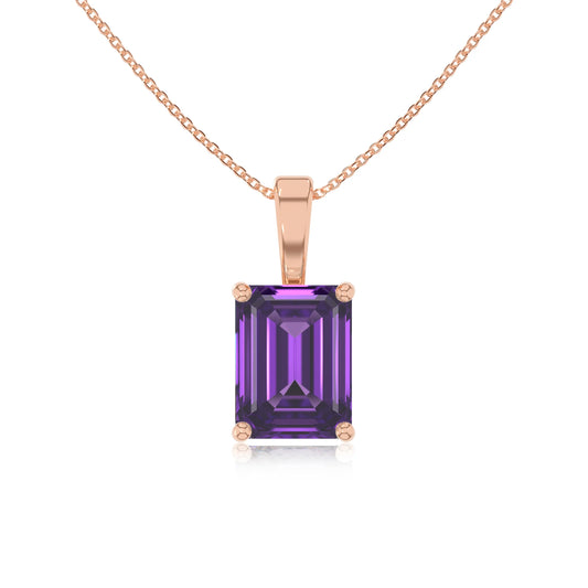 lab grown amethyst emerald cut solitaire necklaces in rose gold 