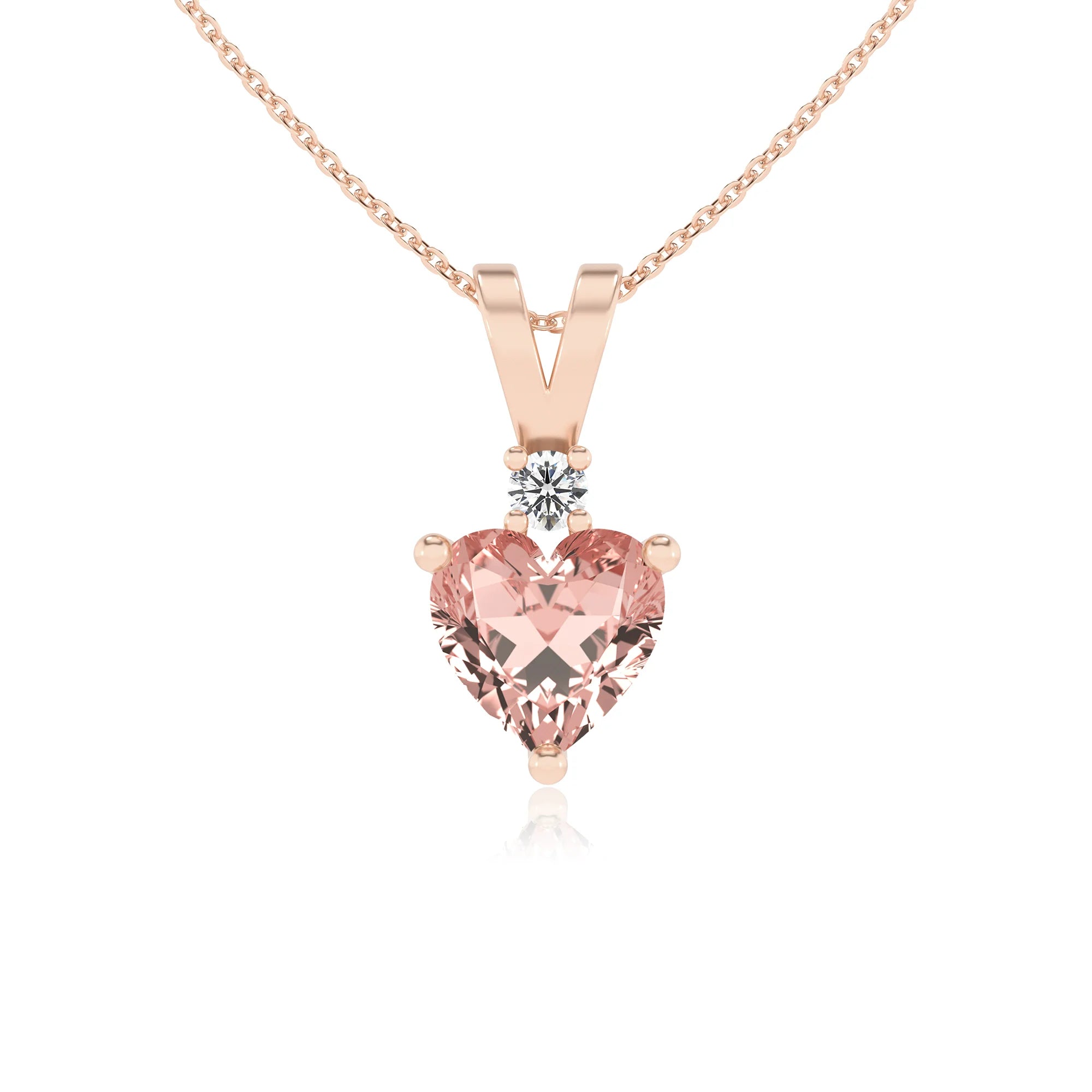 lab grown morganite heart solitaire v-bale necklaces in rose gold 