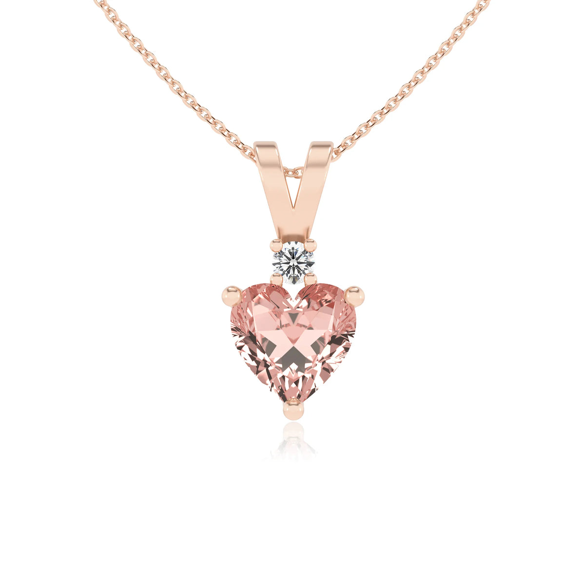 lab grown morganite heart solitaire v-bale necklaces in rose gold 