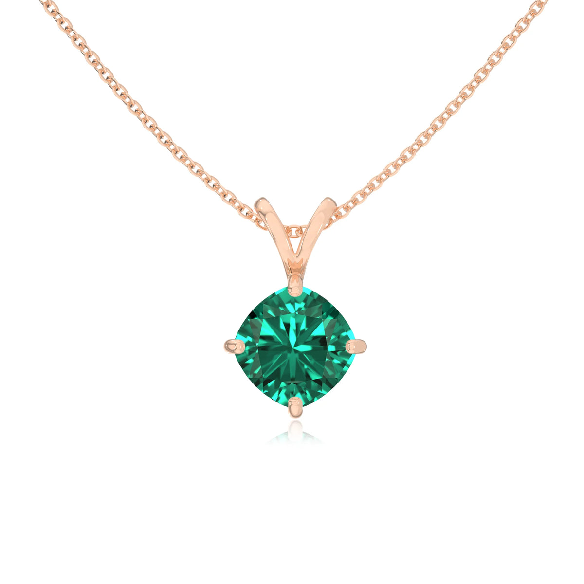 lab grown emerald cushion solitaire v-bale necklaces in rose gold 