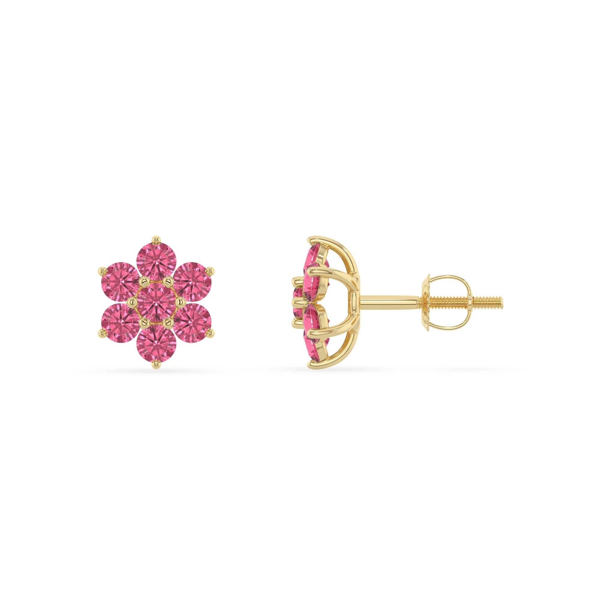 lab grown pink tourmaline round stud earrings in yellow gold 