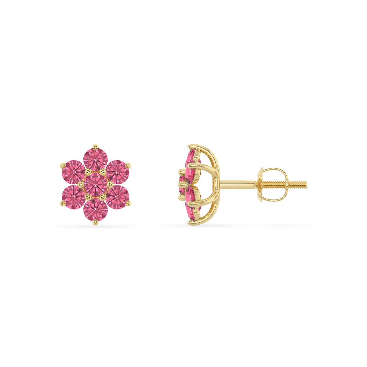 lab grown pink tourmaline round stud earrings in yellow gold 