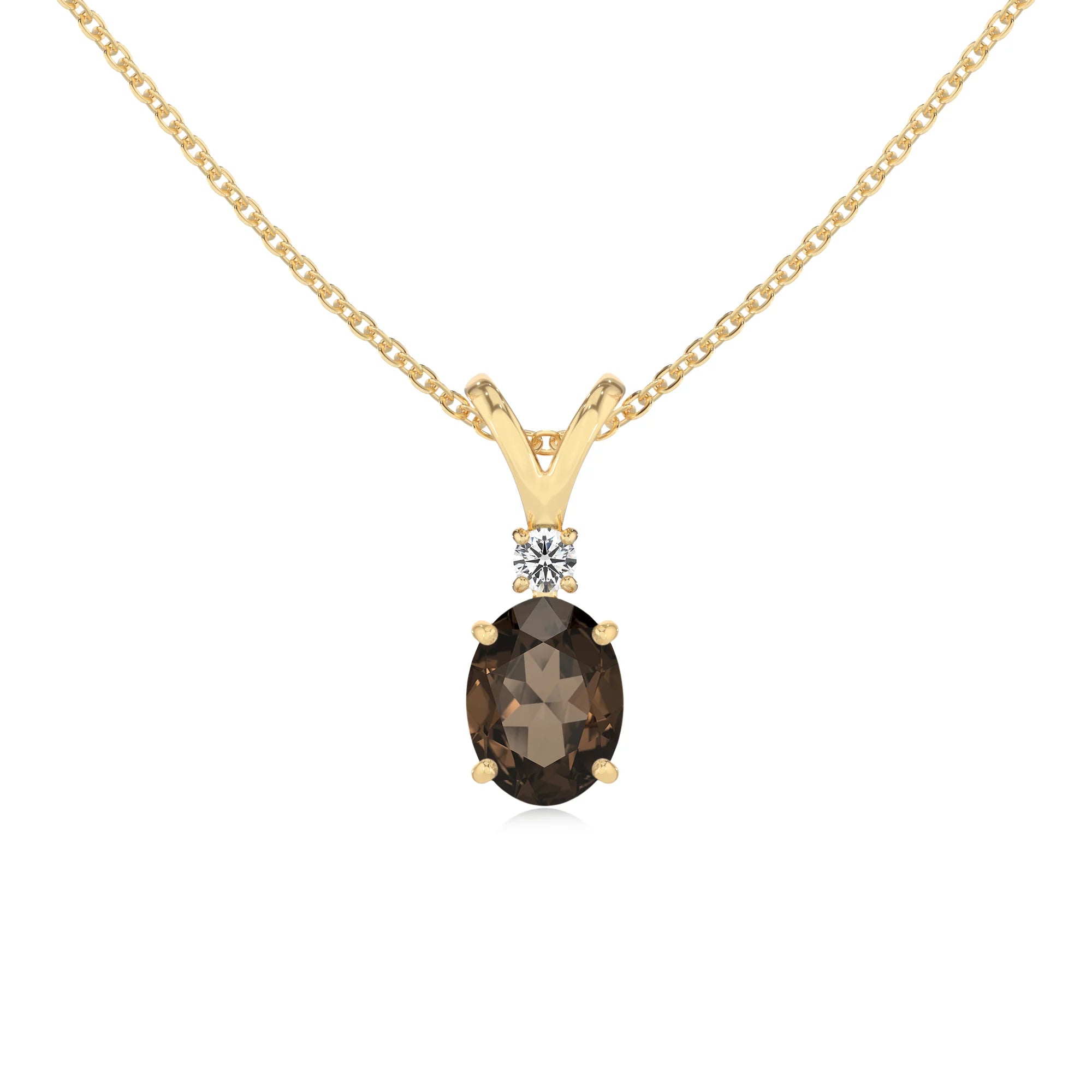 natural smoky-quartz oval solitaire v-bale necklaces in yellow gold 