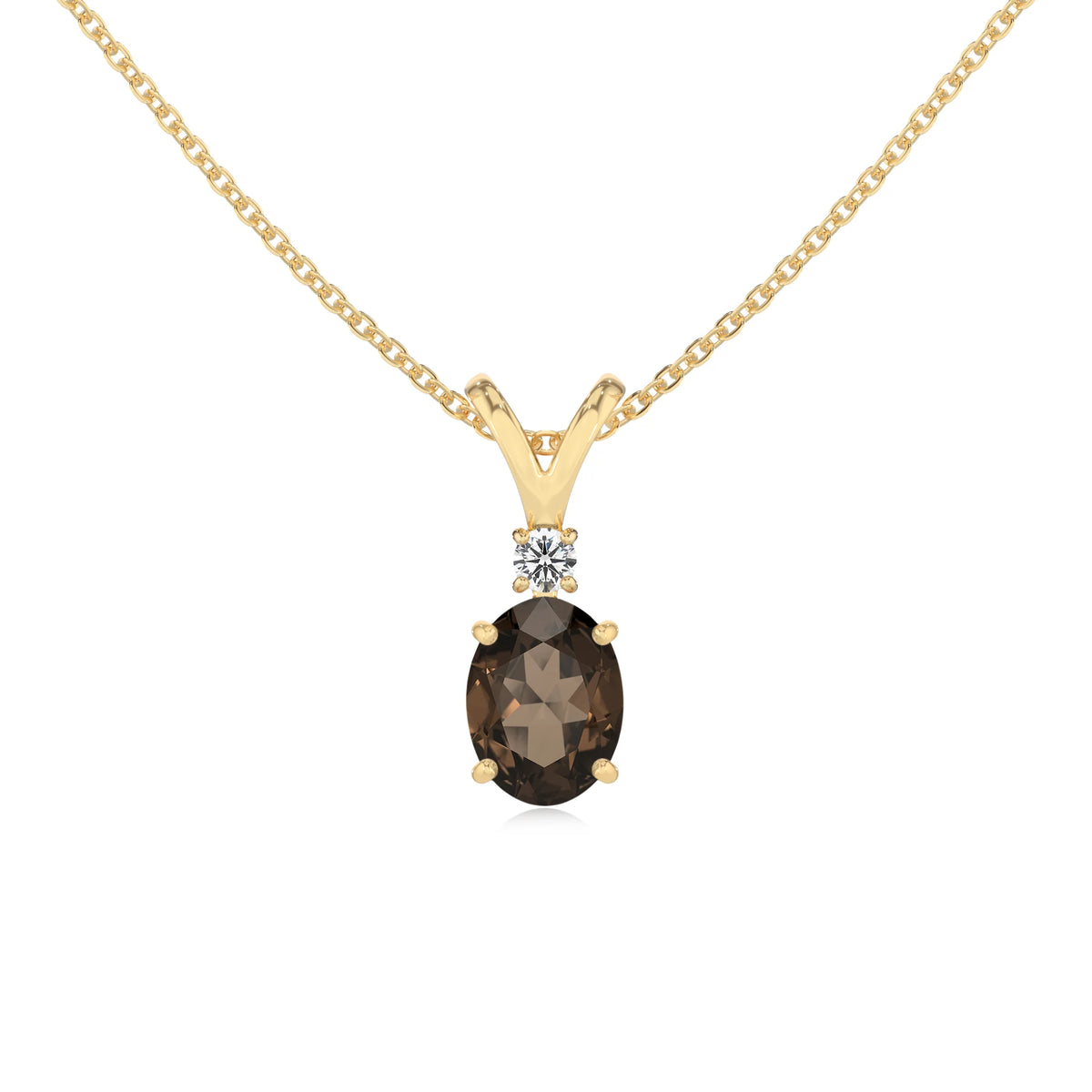 natural smoky-quartz oval solitaire v-bale necklaces in yellow gold 