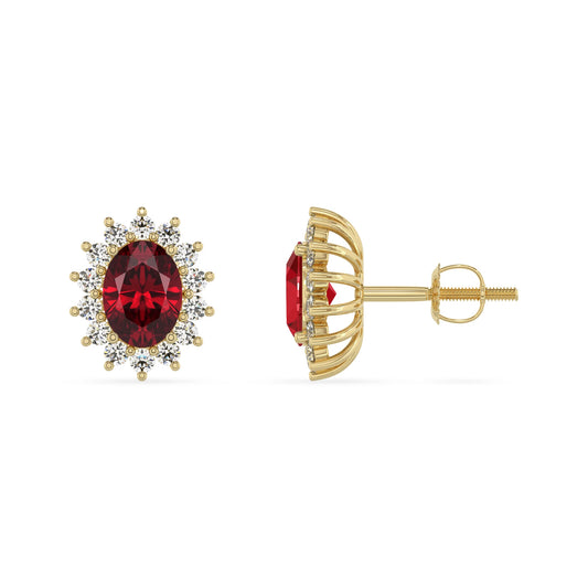 lab grown ruby oval stud earrings in yellow gold 