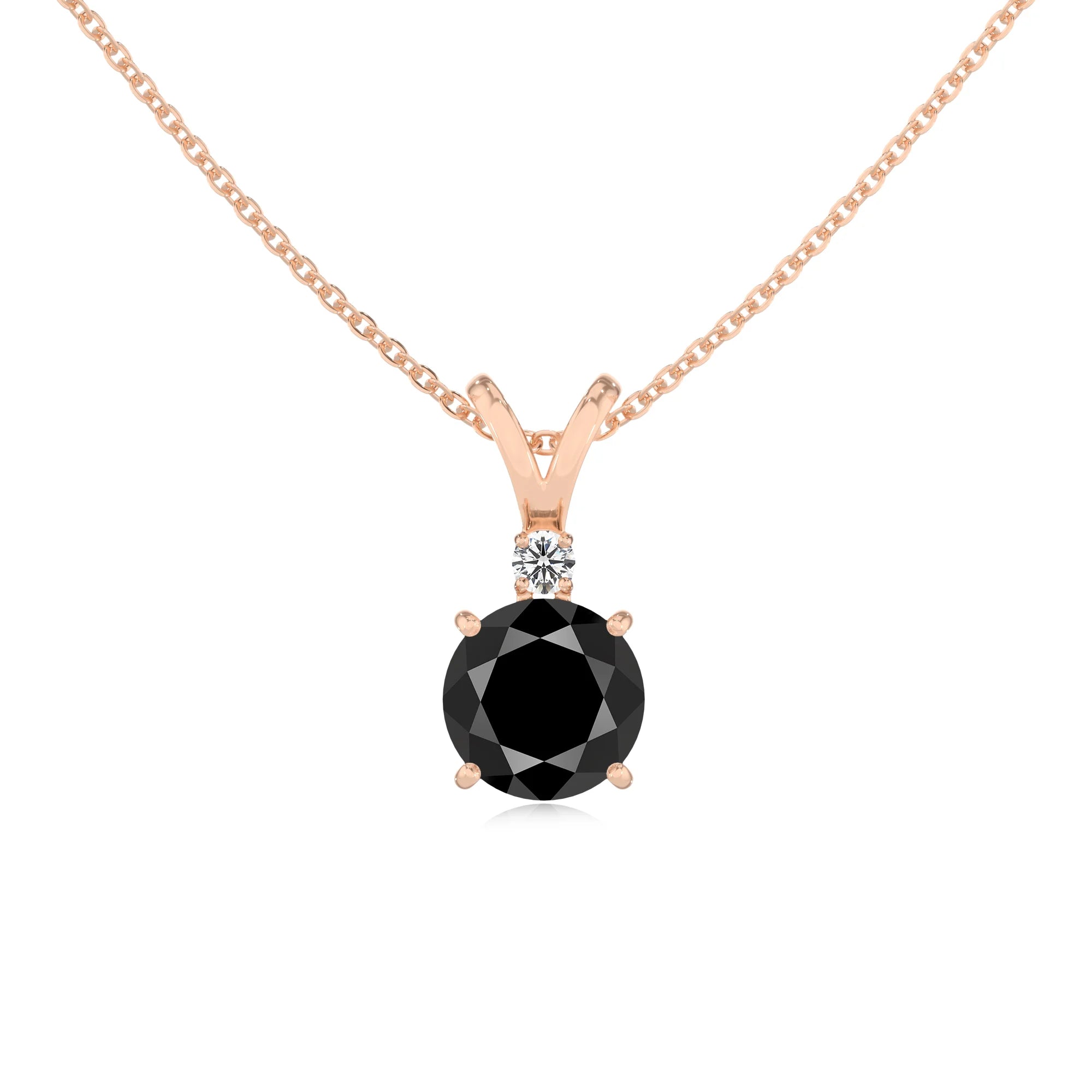 natural black-onyx round solitaire v-bale necklaces in rose gold 