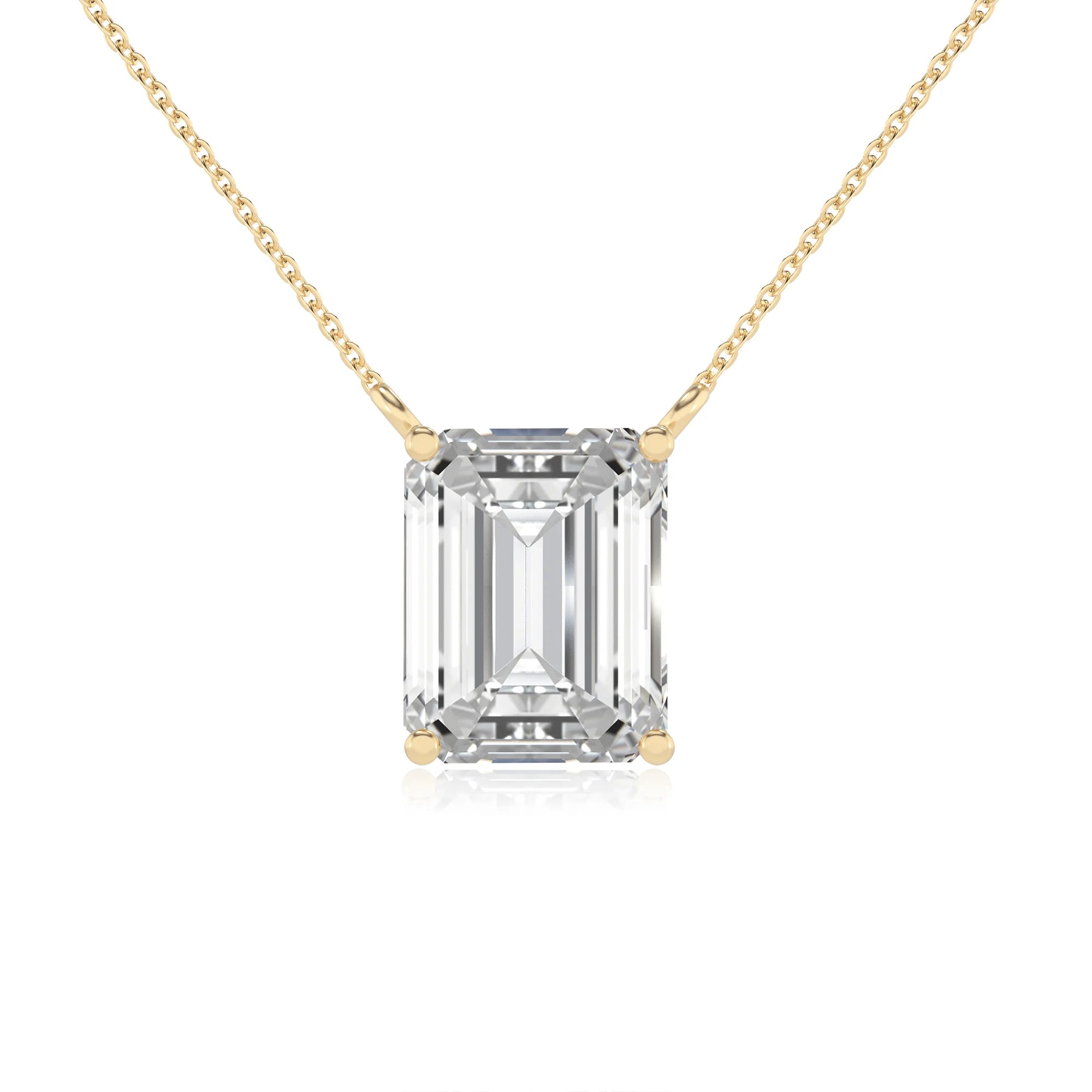 lab grown moissanite emerald cut solitaire necklaces in yellow gold 