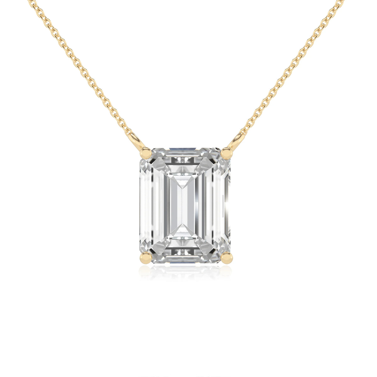 lab grown moissanite emerald cut solitaire necklaces in yellow gold 