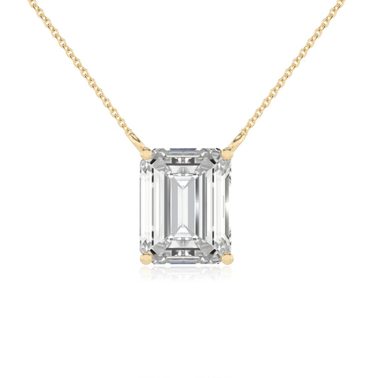 lab grown moissanite emerald cut solitaire necklaces in yellow gold 