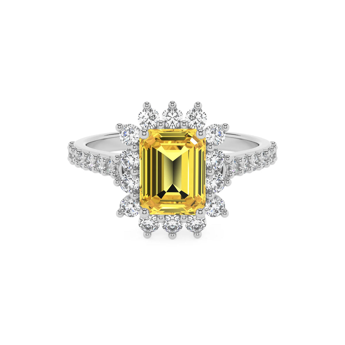 lab grown yellow-sapphire emerald cut solitaire rings in white gold 