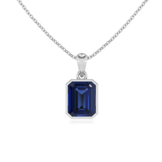 lab grown blue-sapphire emerald cut solitaire necklaces in sterling silver 