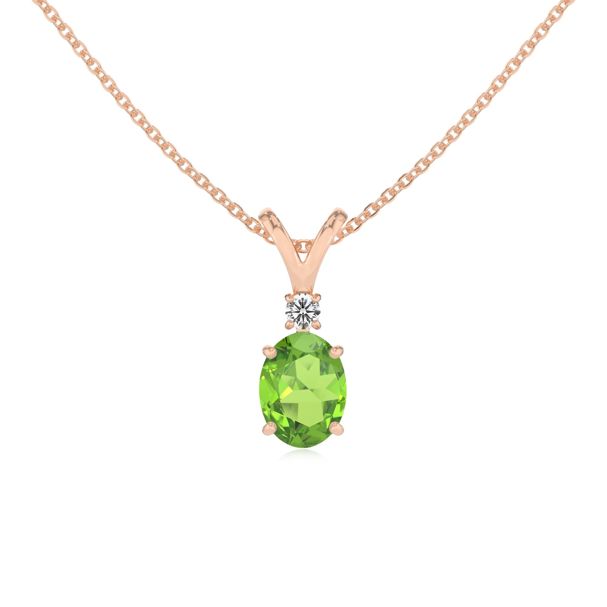 natural peridot oval solitaire v-bale necklaces in rose gold 
