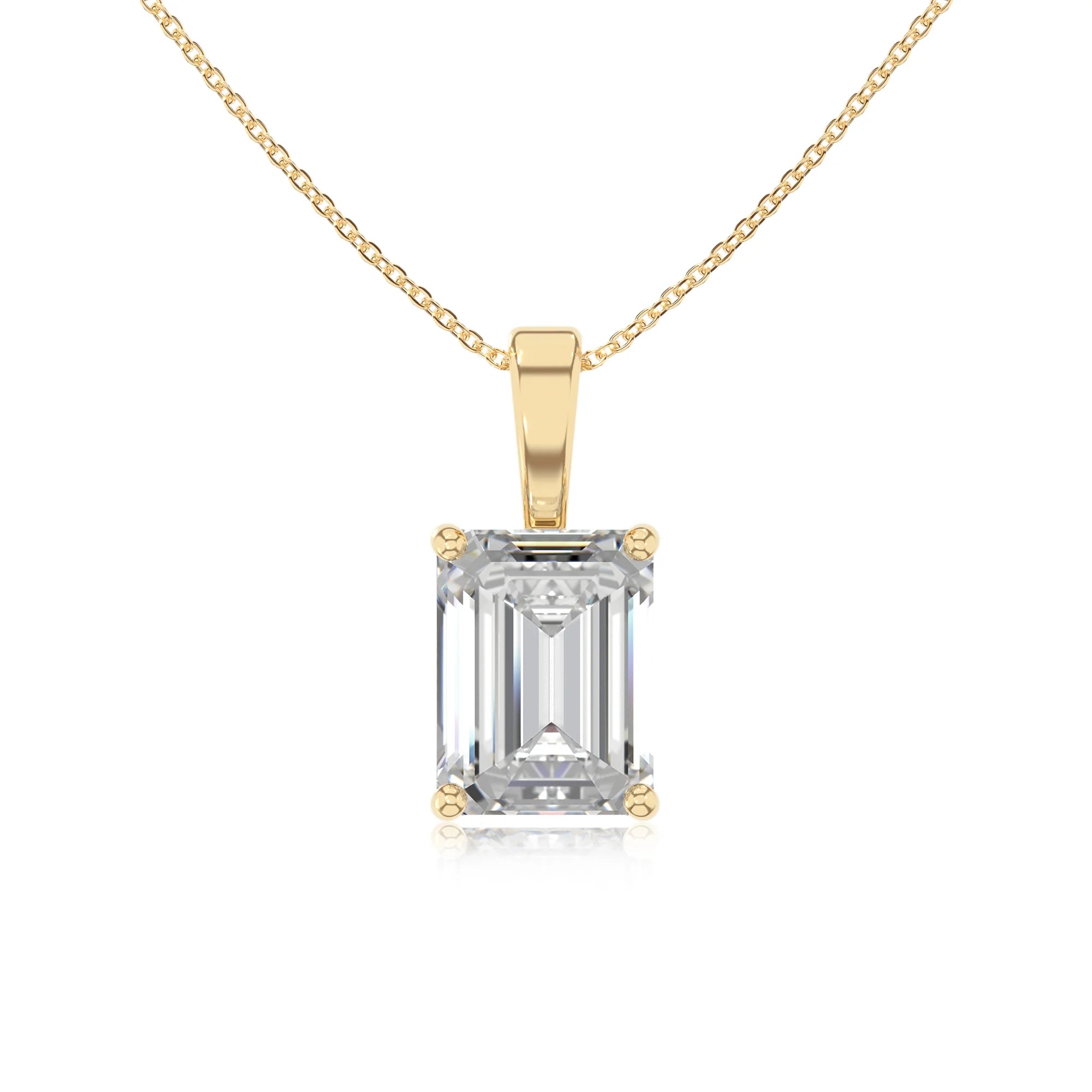 lab grown moissanite emerald cut solitaire necklaces in yellow gold 