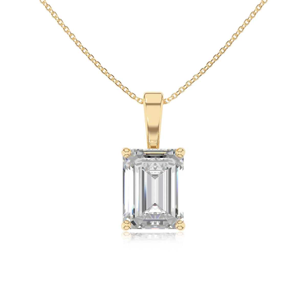 lab grown moissanite emerald cut solitaire necklaces in yellow gold 
