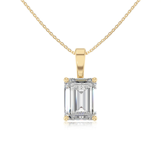 lab grown moissanite emerald cut solitaire necklaces in yellow gold 