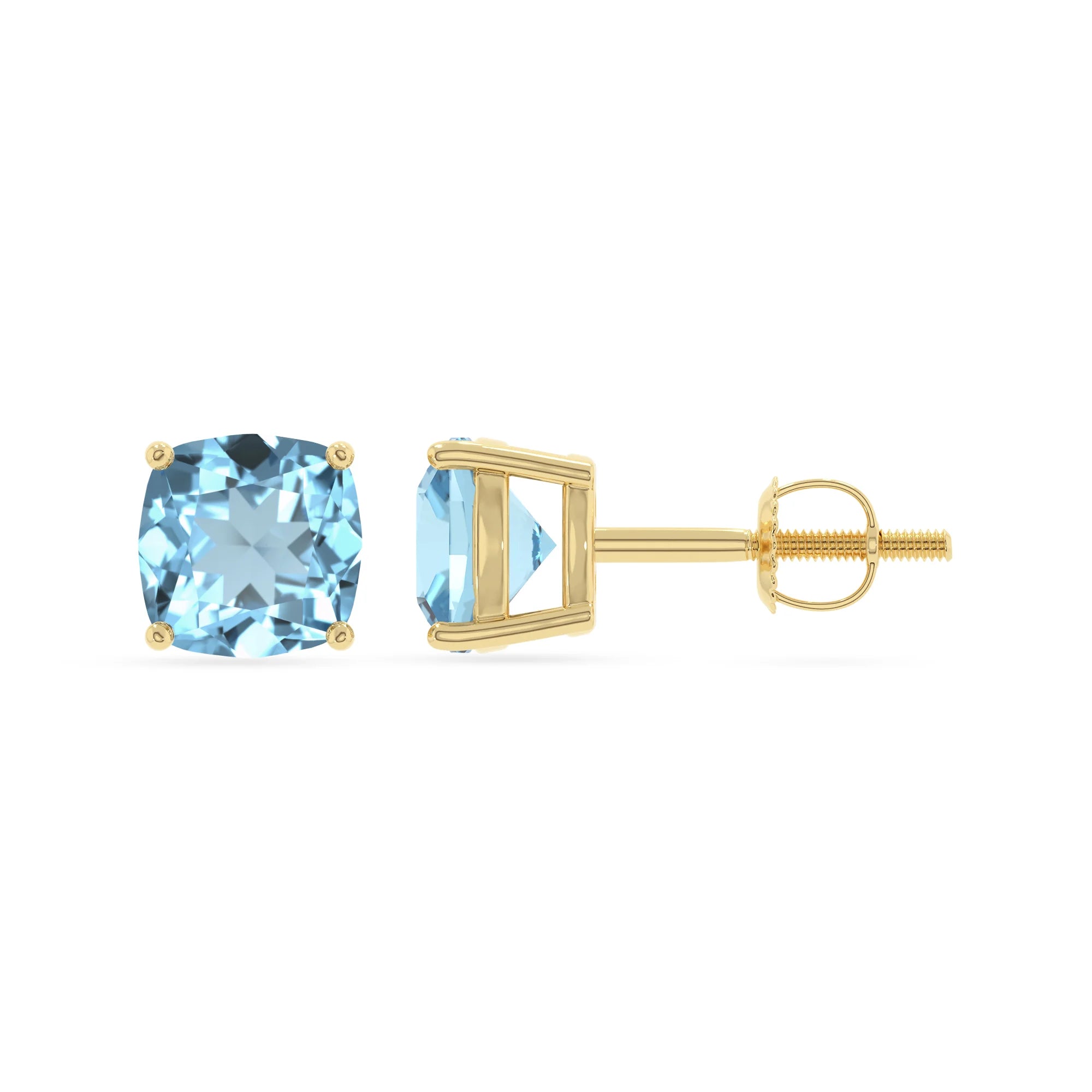 lab grown amethyst cushion stud earrings in yellow gold 