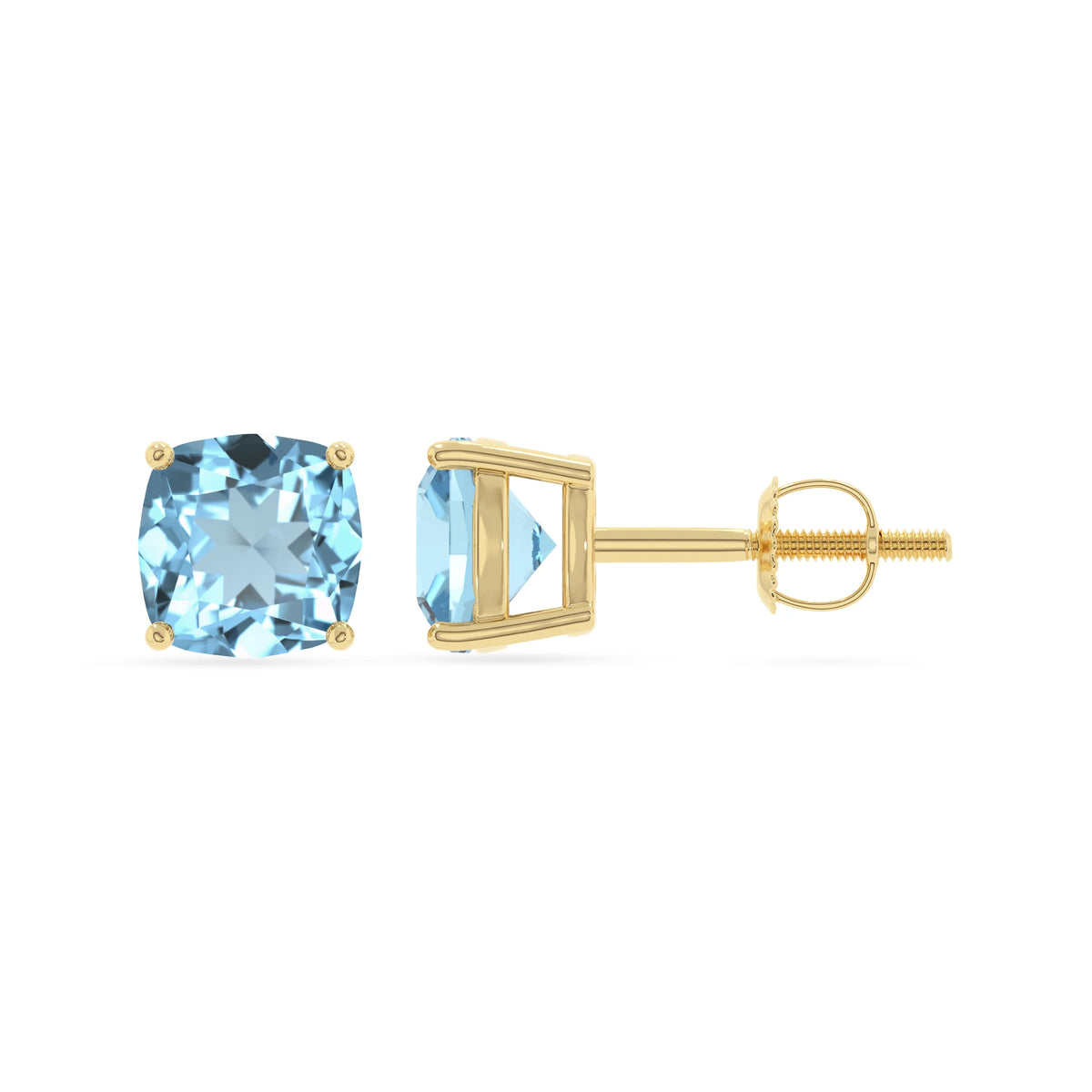 lab grown amethyst cushion stud earrings in yellow gold 