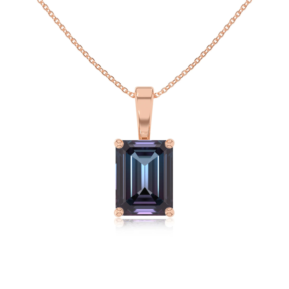 lab grown alexandrite emerald cut solitaire necklaces in rose gold 