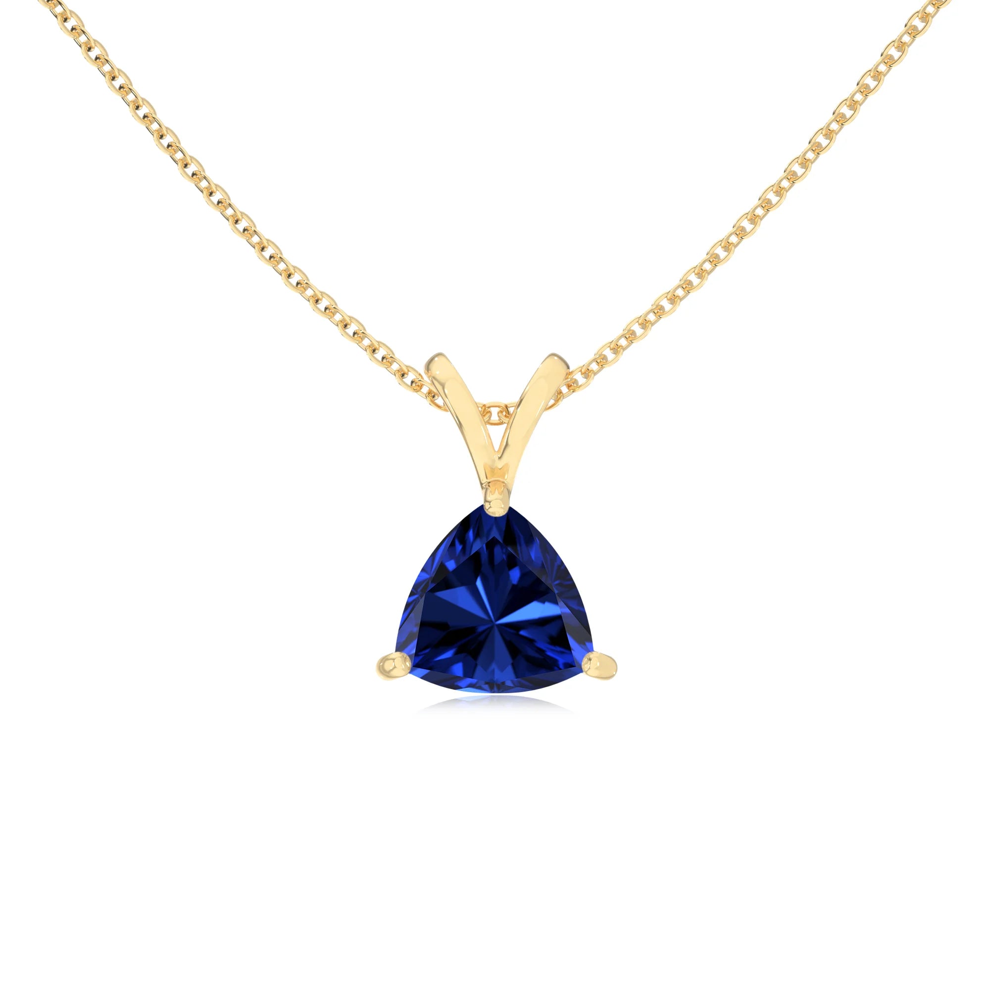 lab grown blue-sapphire trillion solitaire v-bale necklaces in yellow gold 