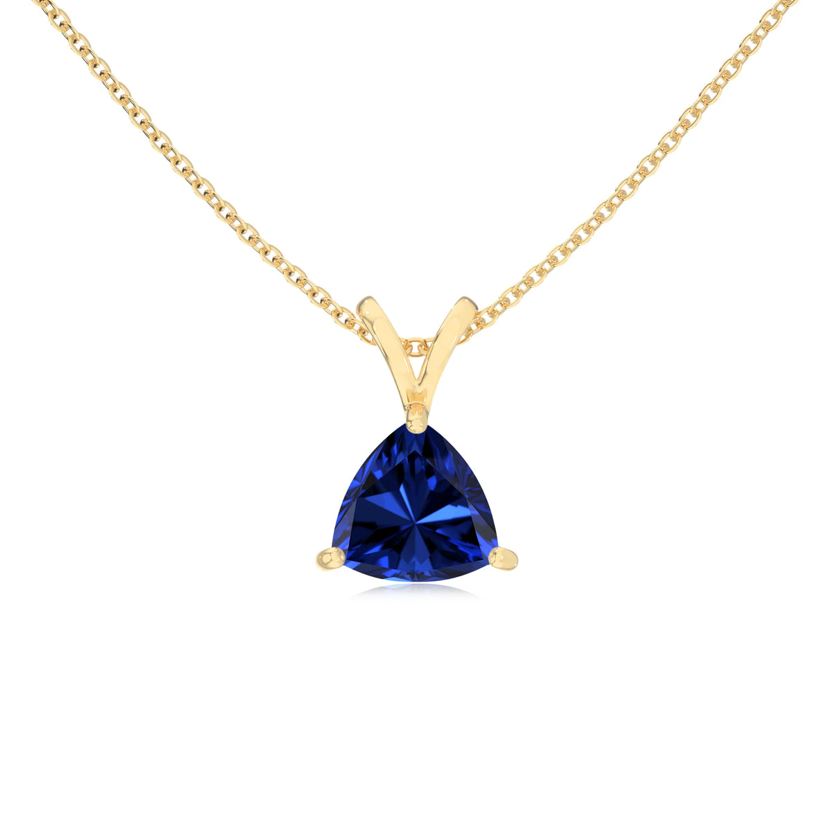 lab grown blue-sapphire trillion solitaire v-bale necklaces in yellow gold 