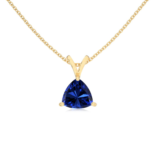 lab grown blue-sapphire trillion solitaire v-bale necklaces in yellow gold 