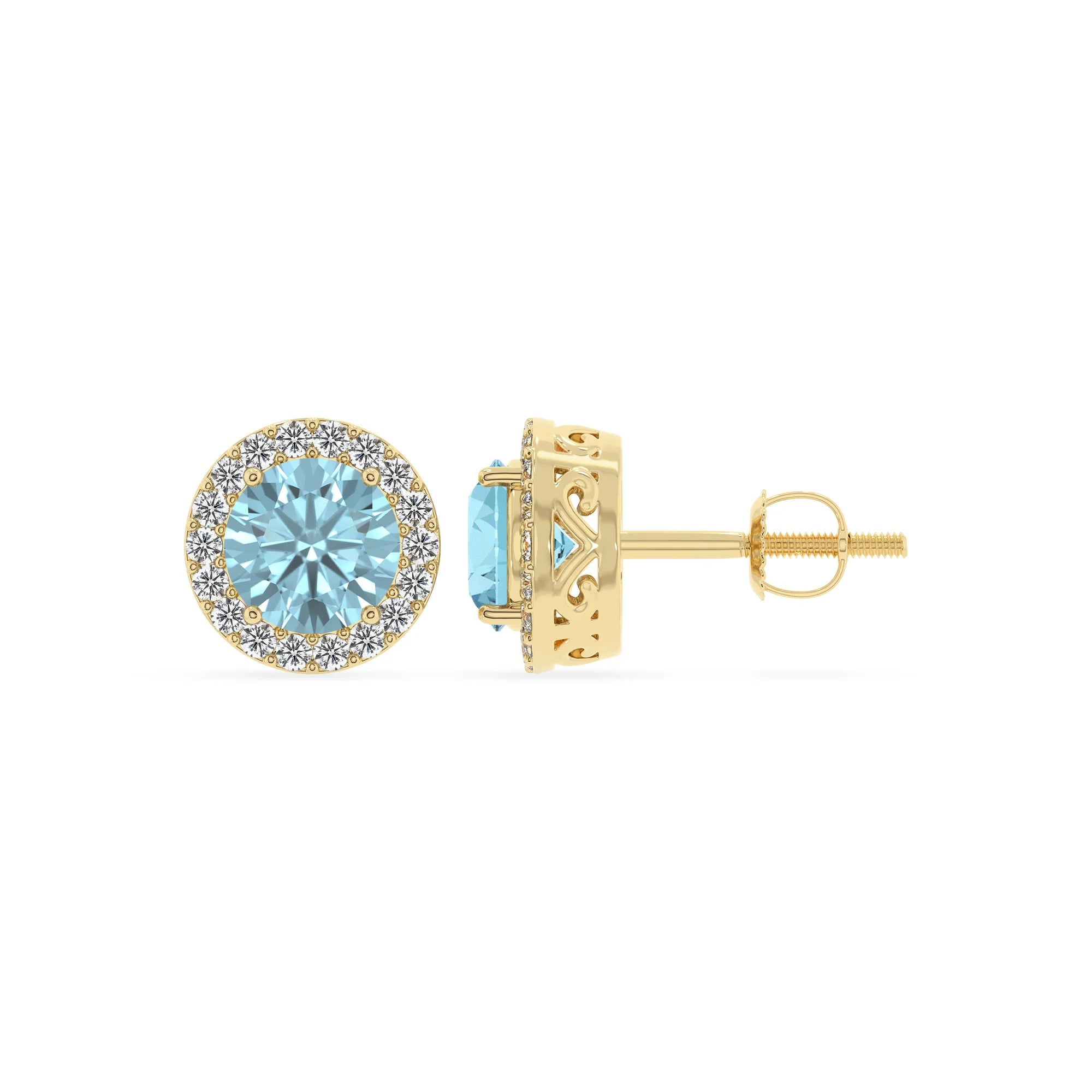 lab grown aquamarine round stud earrings in yellow gold 