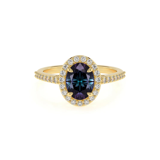 lab grown alexandrite oval solitaire rings in yellow gold 