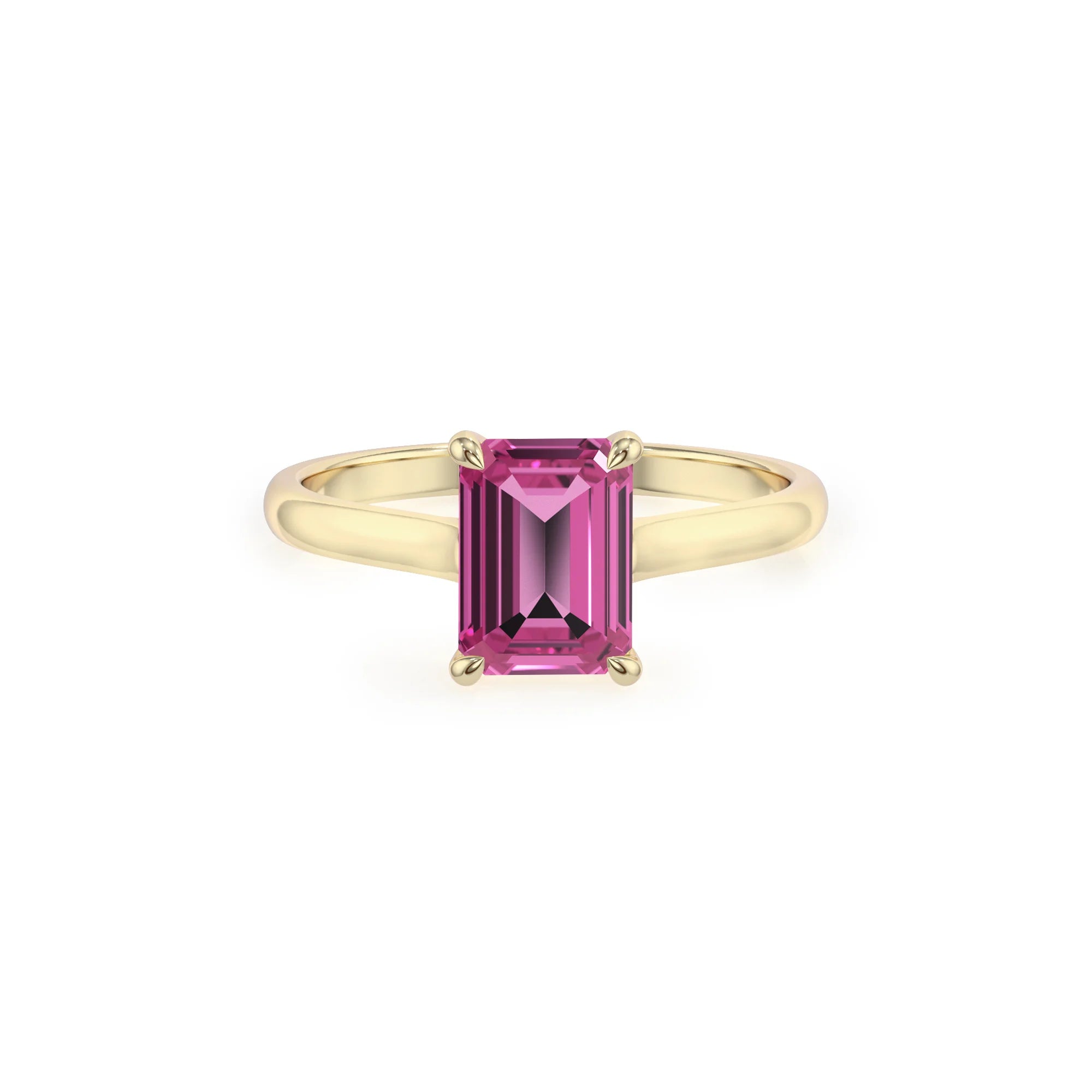 lab grown pink-tourmaline emerald cut solitaire rings in yellow gold 