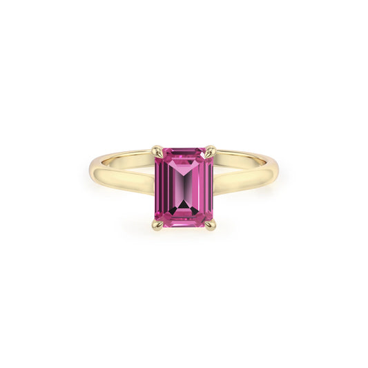 lab grown pink-tourmaline emerald cut solitaire rings in yellow gold 