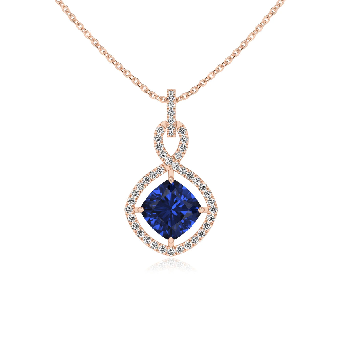 lab grown blue-sapphire cushion infinity necklaces in rose gold 