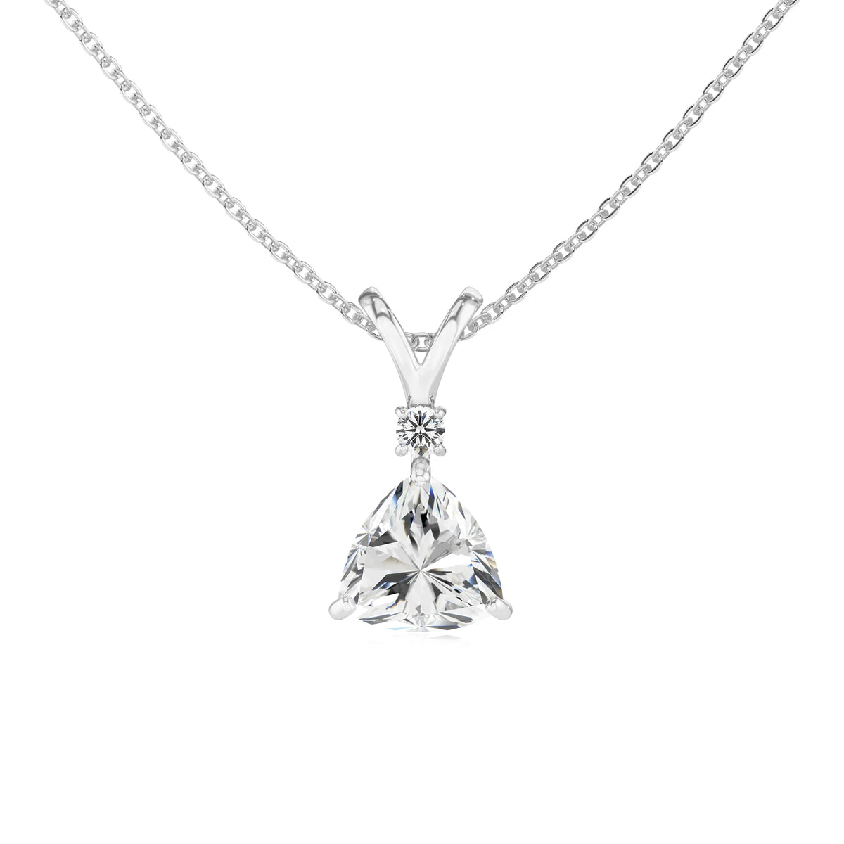 lab grown moissanite trillion solitaire v-bale necklaces in platinum 