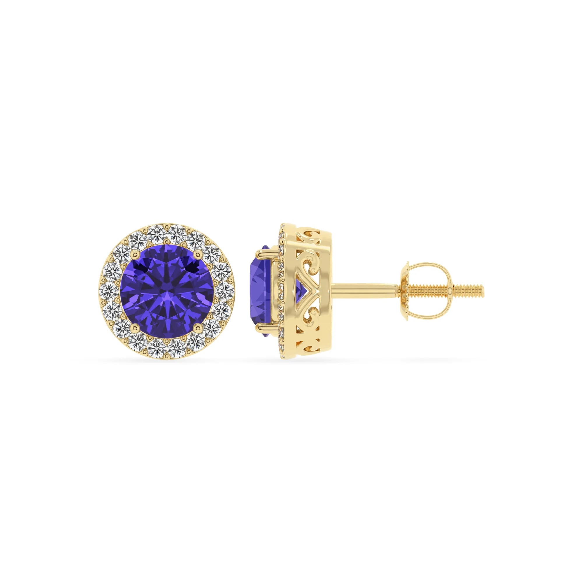 lab grown tanzanite round stud earrings in yellow gold 