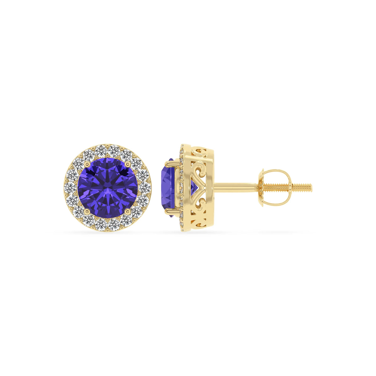 lab grown tanzanite round stud earrings in yellow gold 