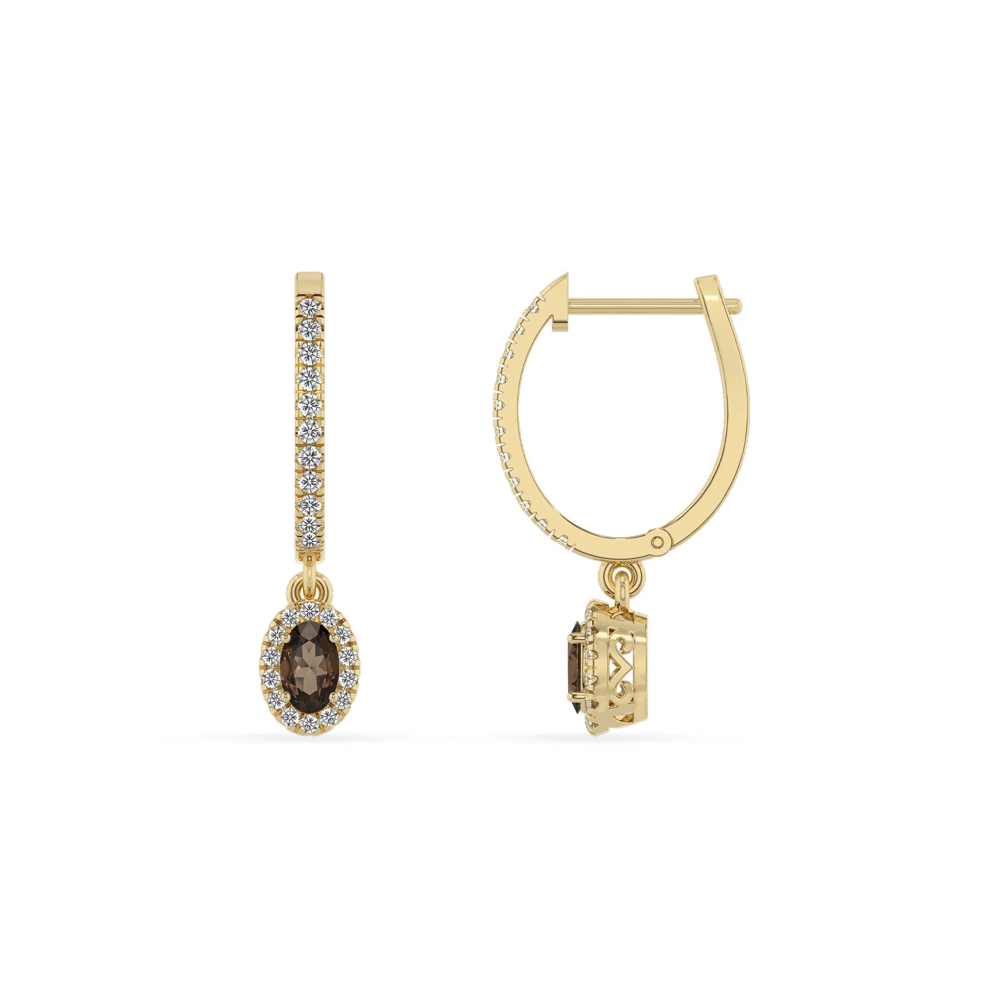 natural smoky quartz oval drop earrings in yellow gold 