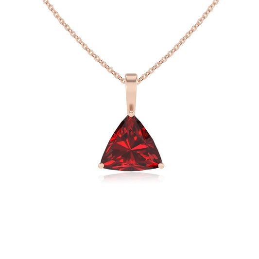 lab grown ruby trillion solitaire necklaces in rose gold 