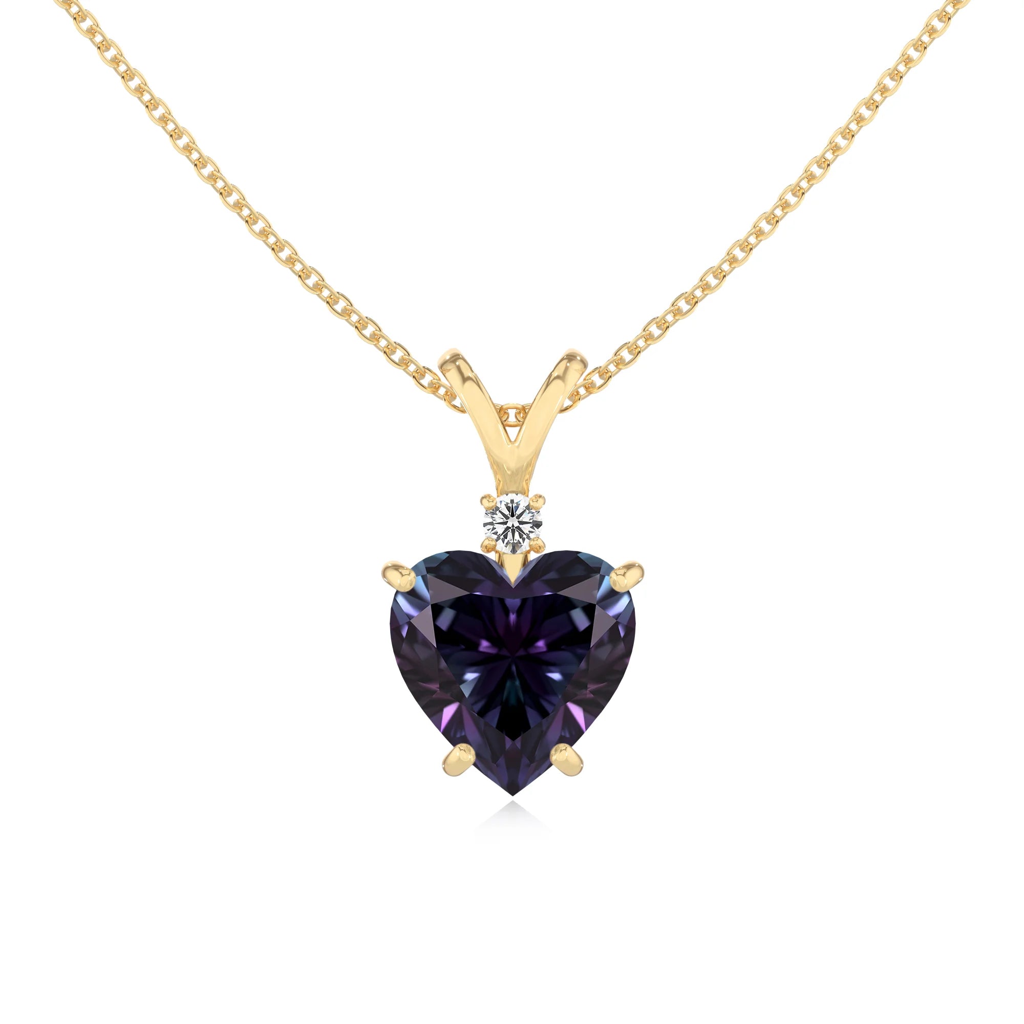 lab grown alexandrite heart solitaire v-bale necklaces in yellow gold 