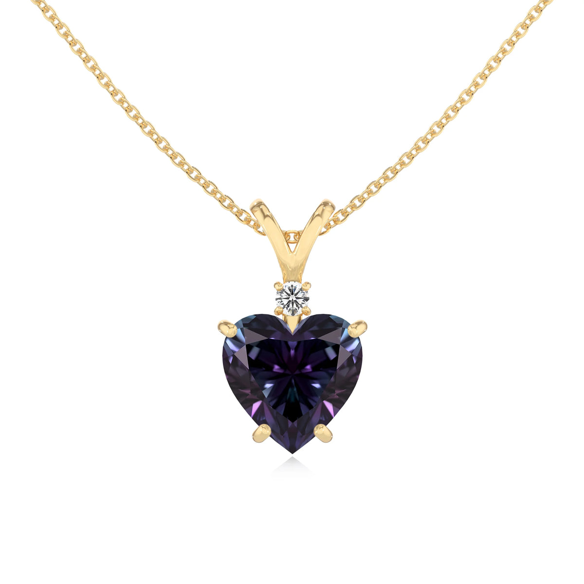 lab grown alexandrite heart solitaire v-bale necklaces in yellow gold 