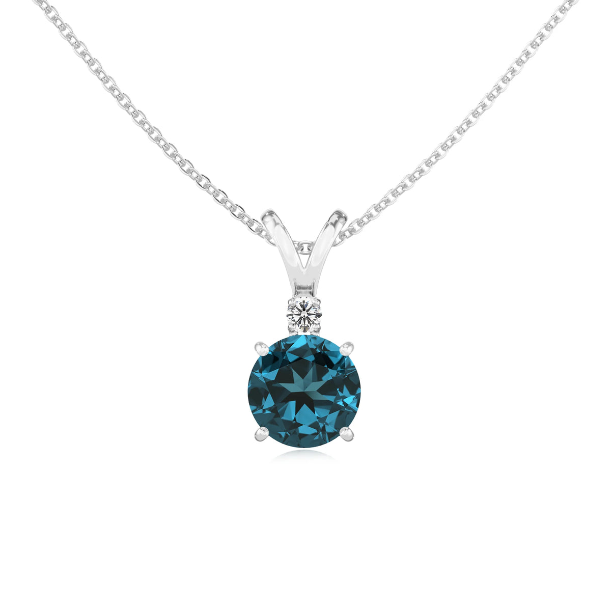 natural london-blue-topaz round solitaire v-bale necklaces in sterling silver 