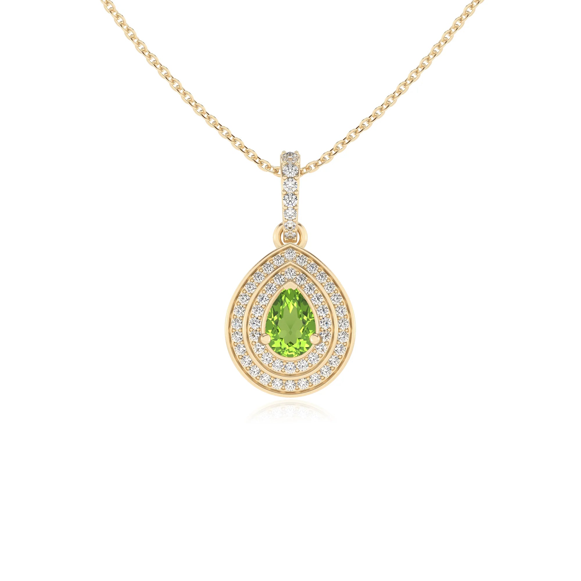 natural peridot pear halo necklaces in yellow gold 
