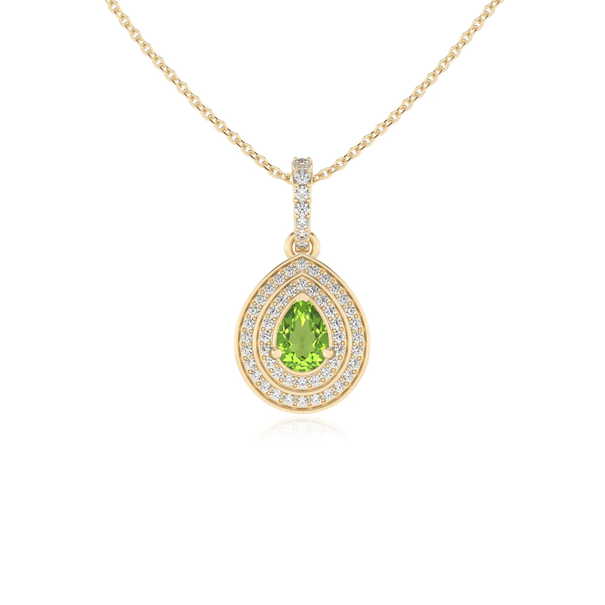 natural peridot pear halo necklaces in yellow gold 
