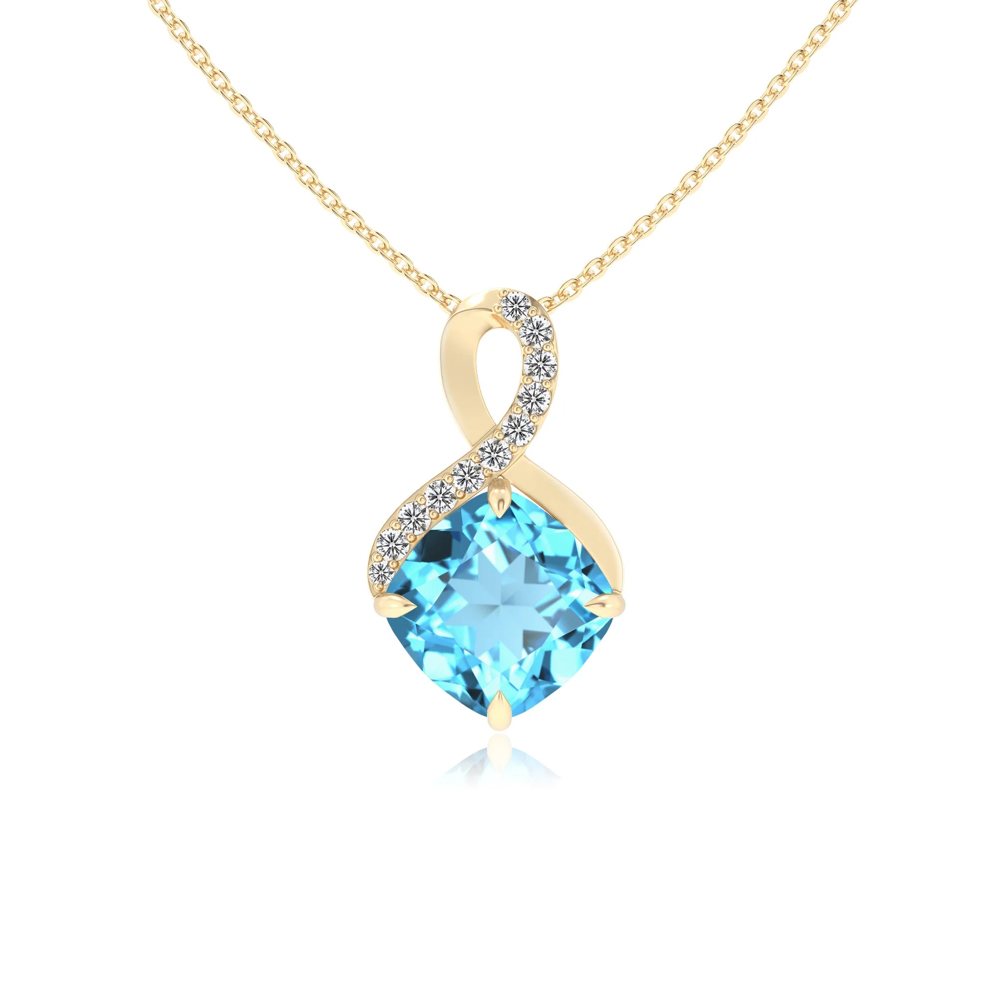 natural swiss-blue-topaz cushion infinity necklaces in yellow gold 