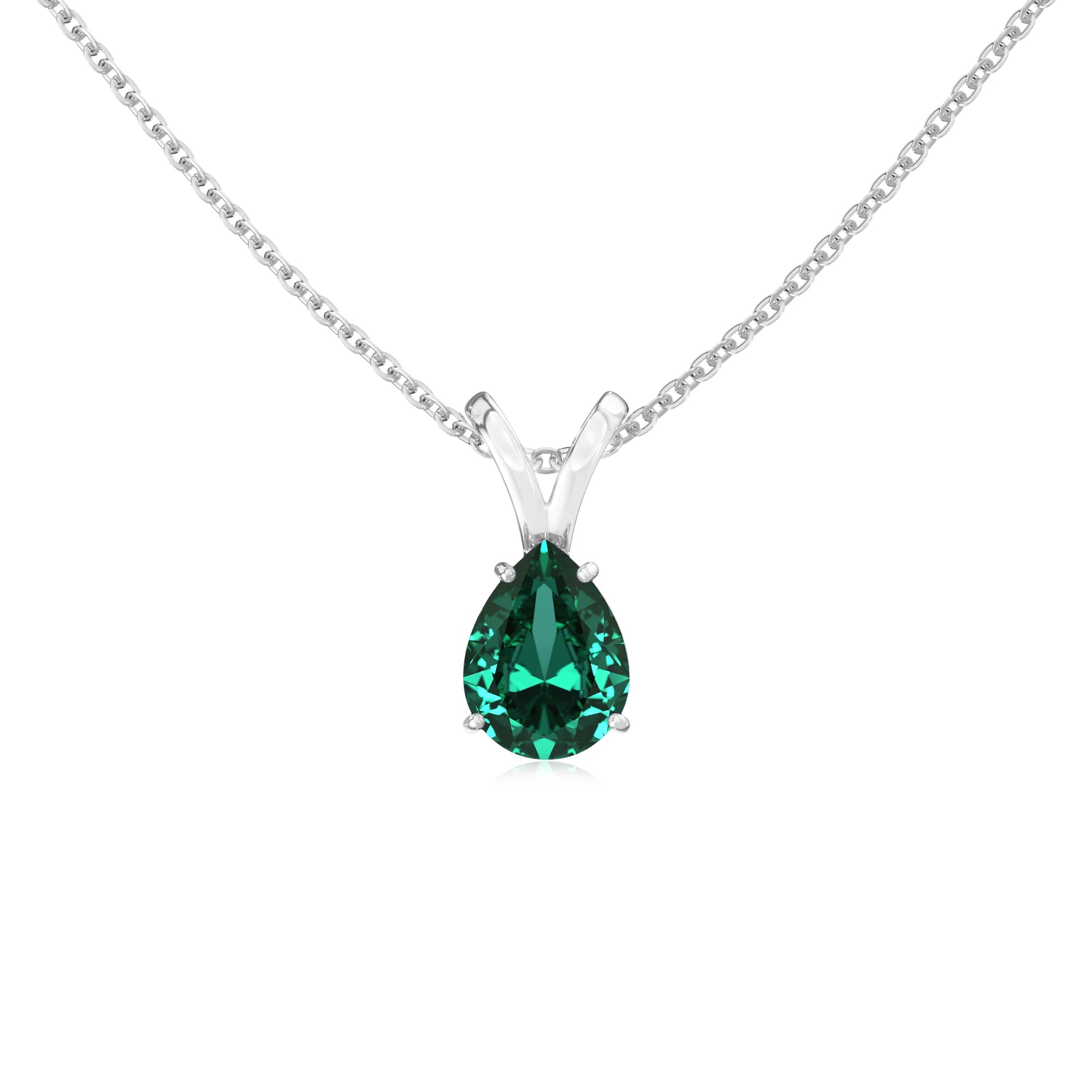 lab grown emerald pear solitaire v-bale necklaces in sterling silver 
